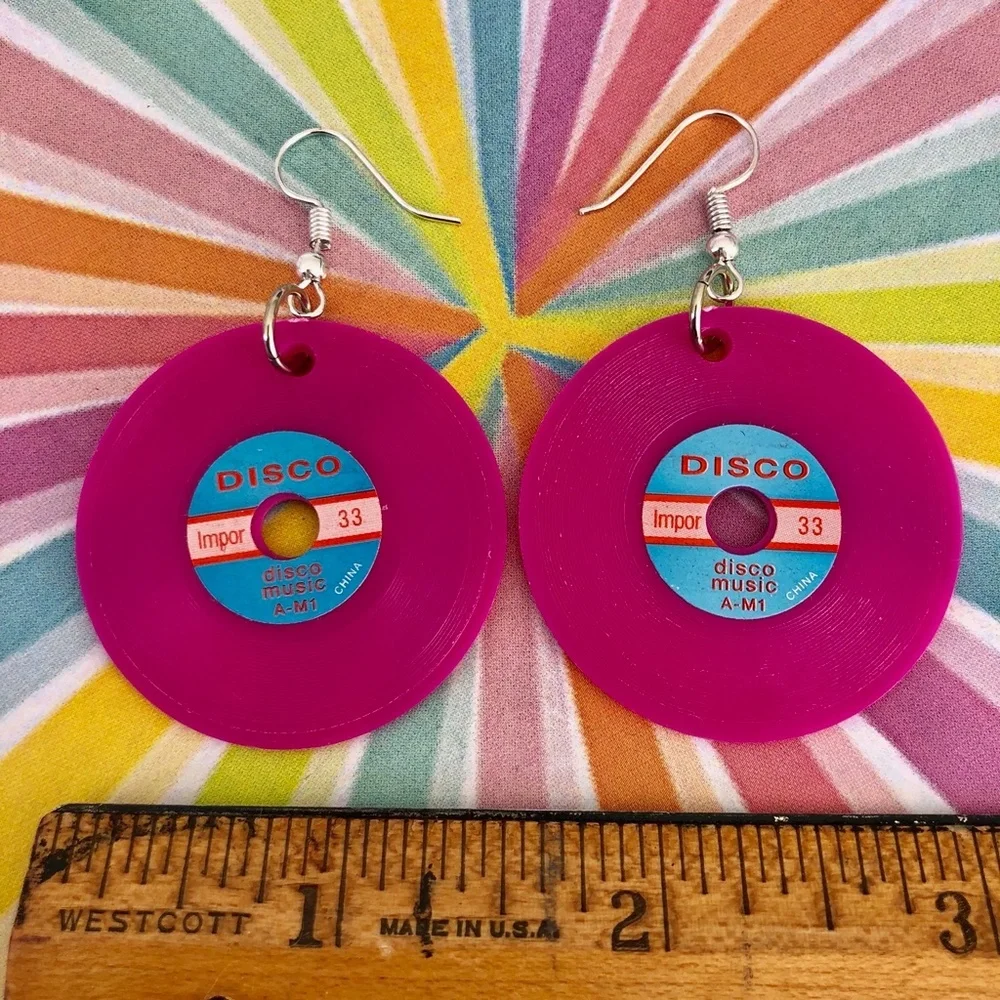 Vintage disco record charm earrings magenta